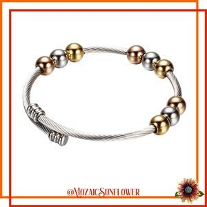 316L Stainless Steel Rose & Yellow Gold Silver Color Beads Torque Cuff Bangle